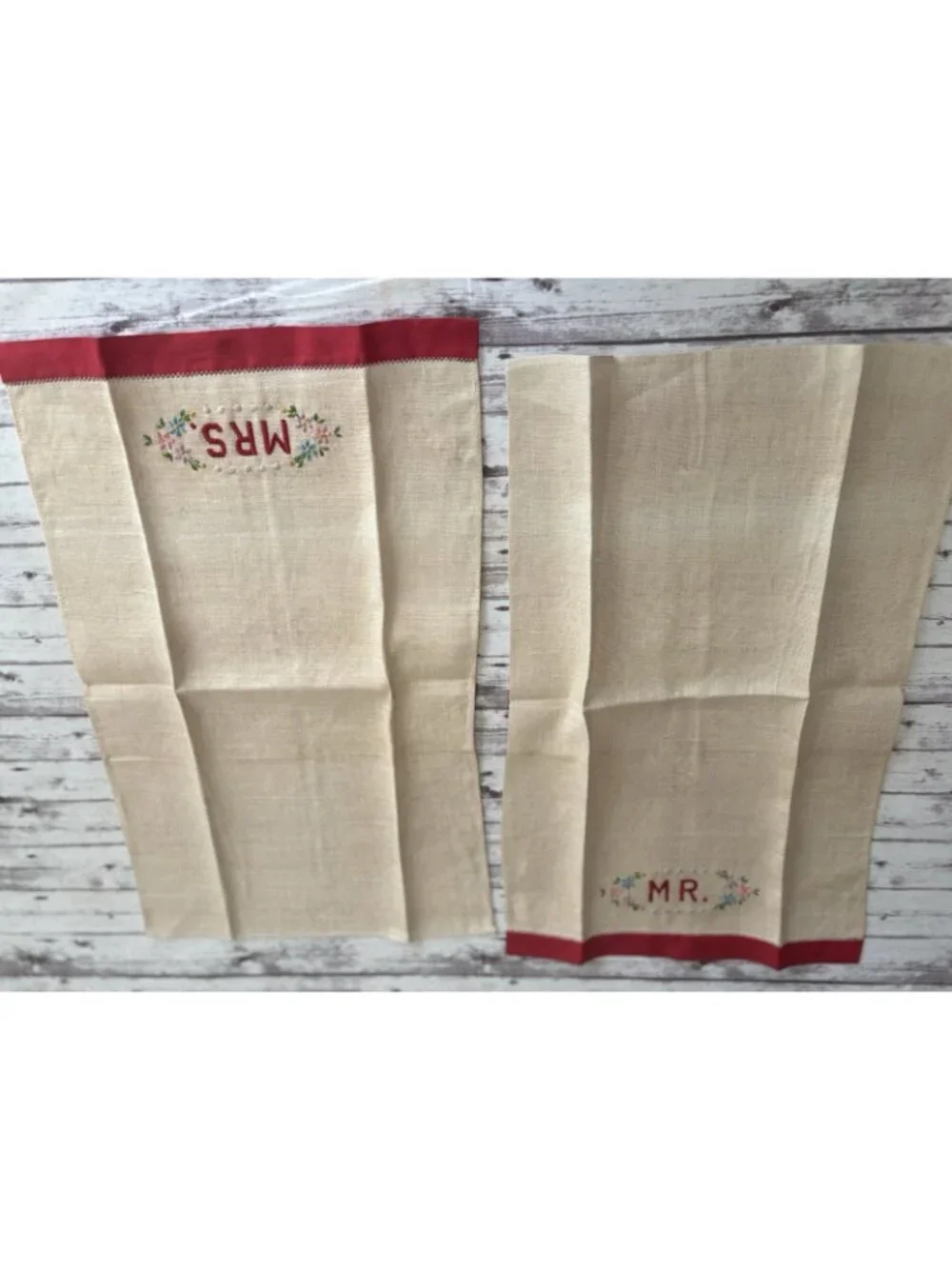 Vintage Hand-Embroidered Red Floral Mrs & Mr Hand Towels 11x18 Linen